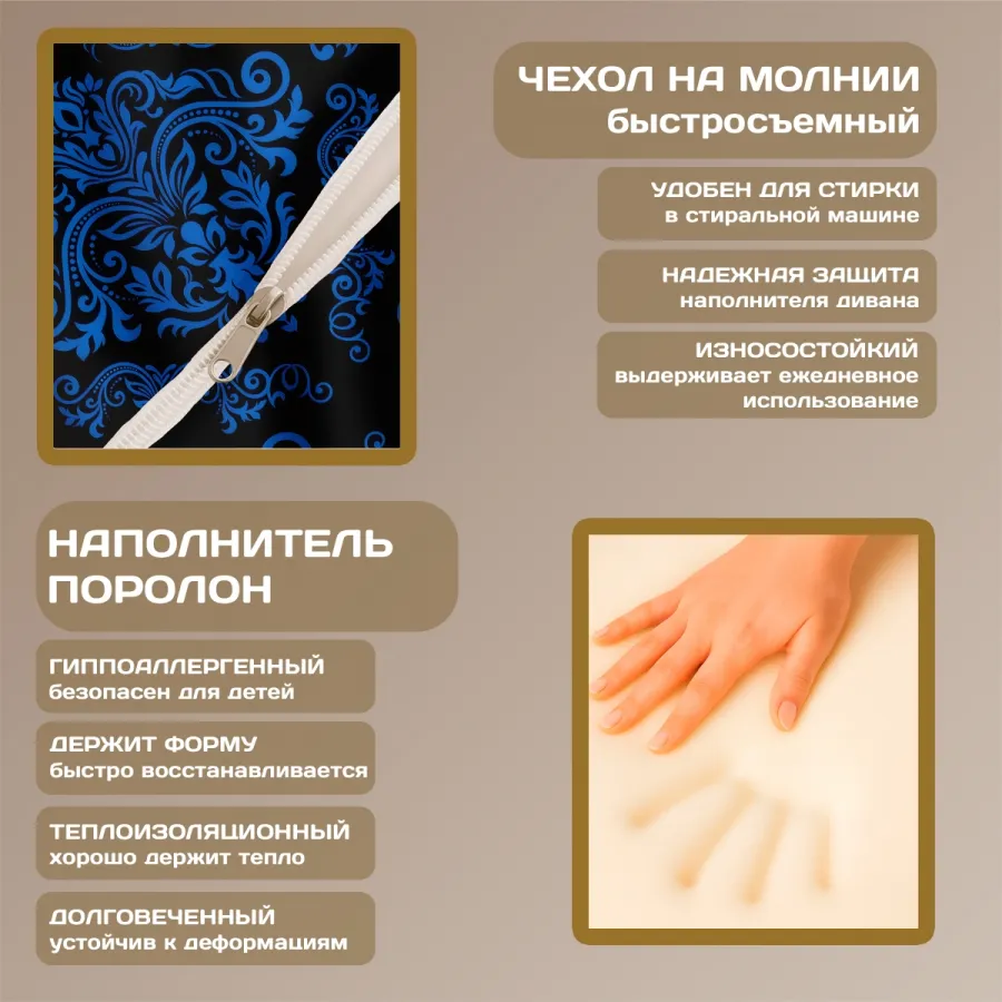 Бескаркасный диван "Синие вензеля на черном фоне"