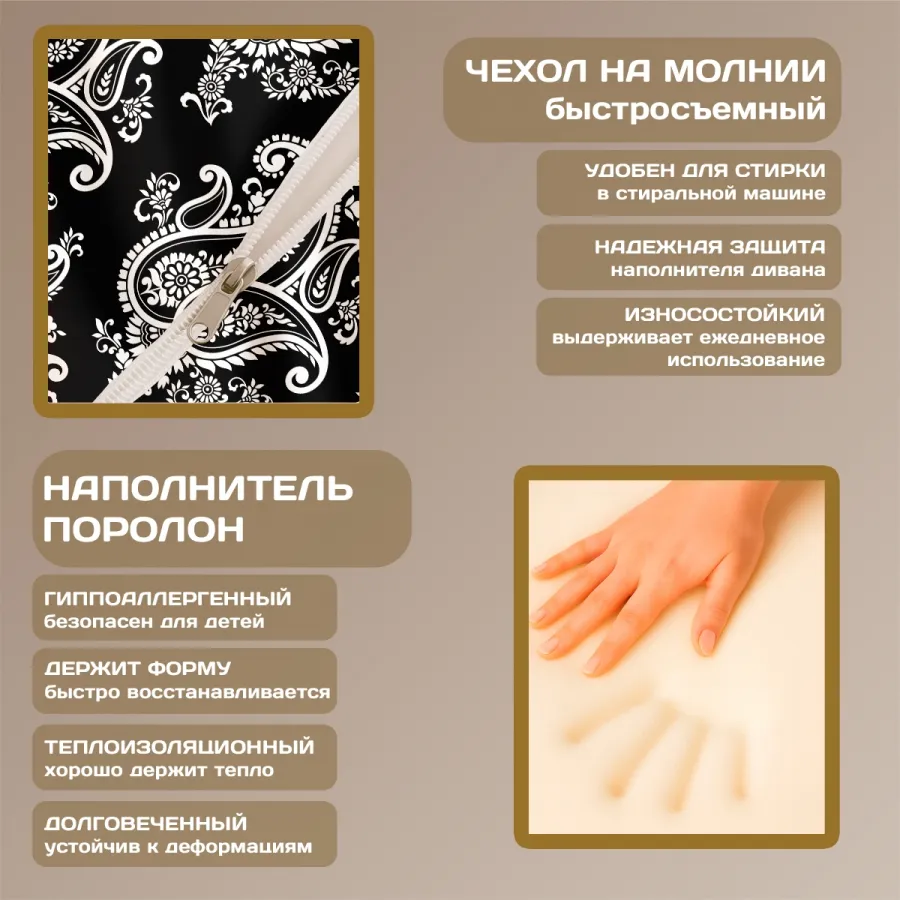 Бескаркасный диван "Белые вензеля на черном фоне"